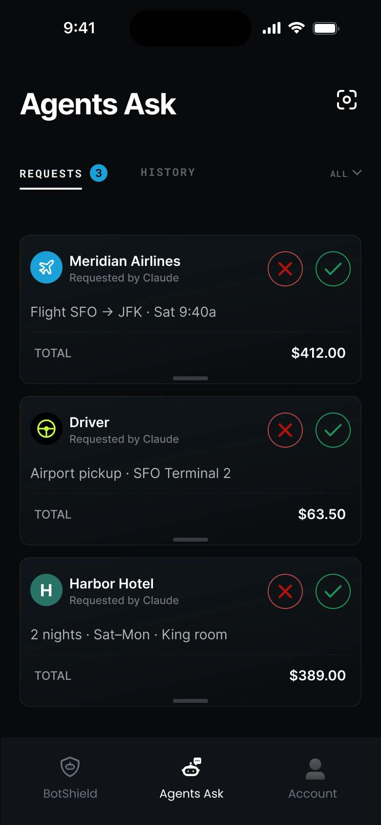 The BotShield app — Agents Ask, three requests waiting: a flight, a ride and a hotel, each from a different company’s agent