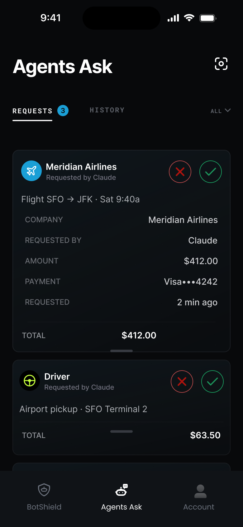 The BotShield app &mdash; one agent request opened: the company, who asked, the amount and the card