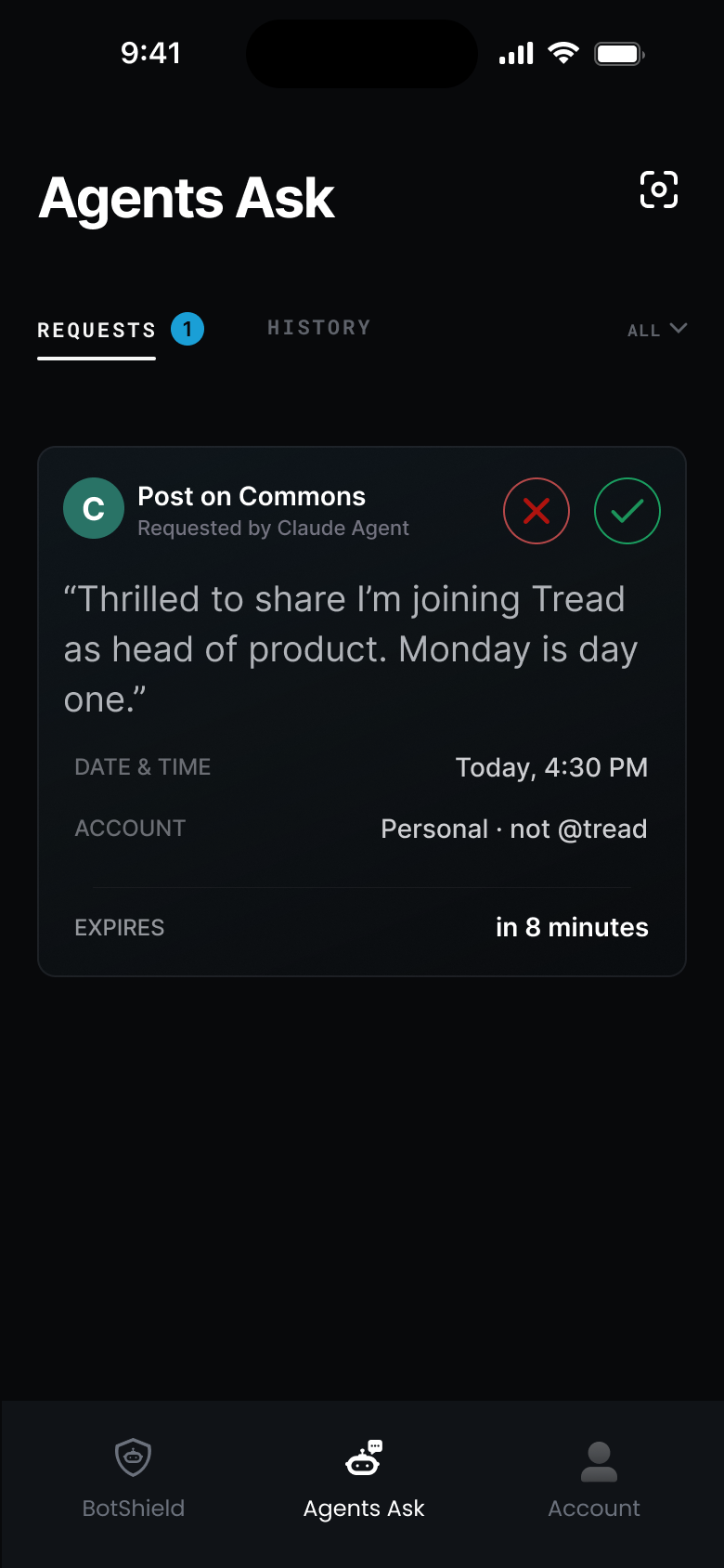 The BotShield app — Agents Ask, one request waiting: an agent asking to post as you