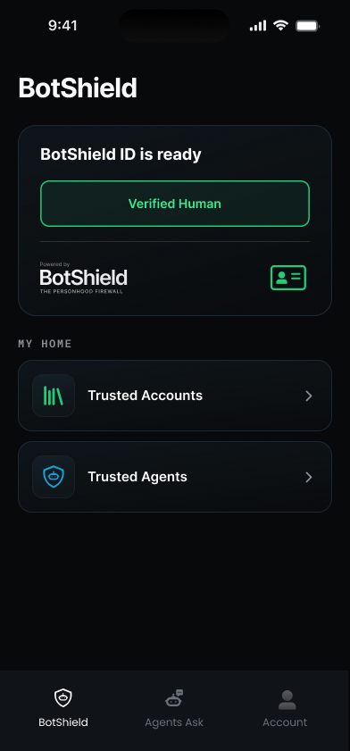 The BotShield app — BotShield ID is ready