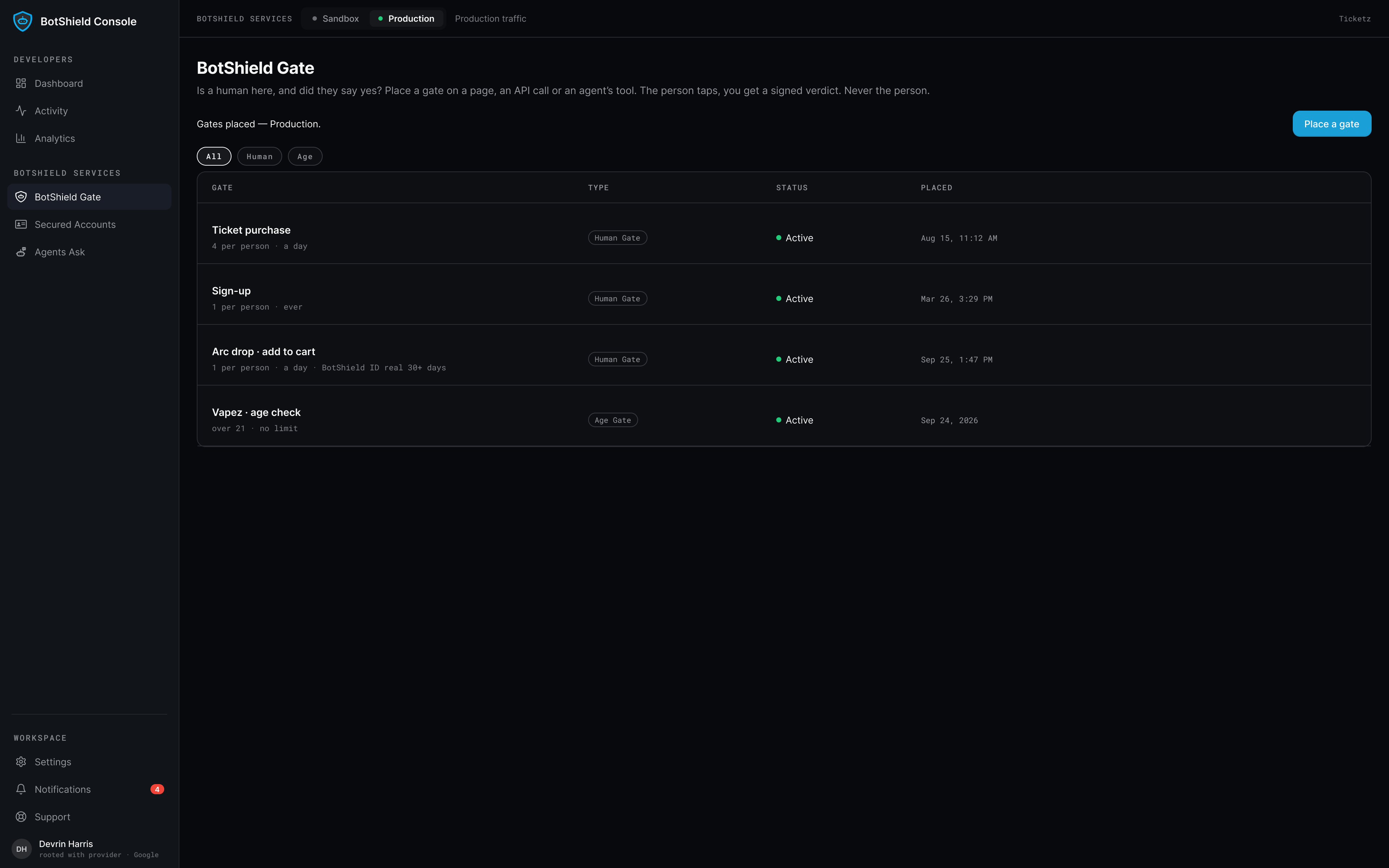 BotShield Gate in the Console — gates placed in production, each with its verification mode, status and the day it was placed