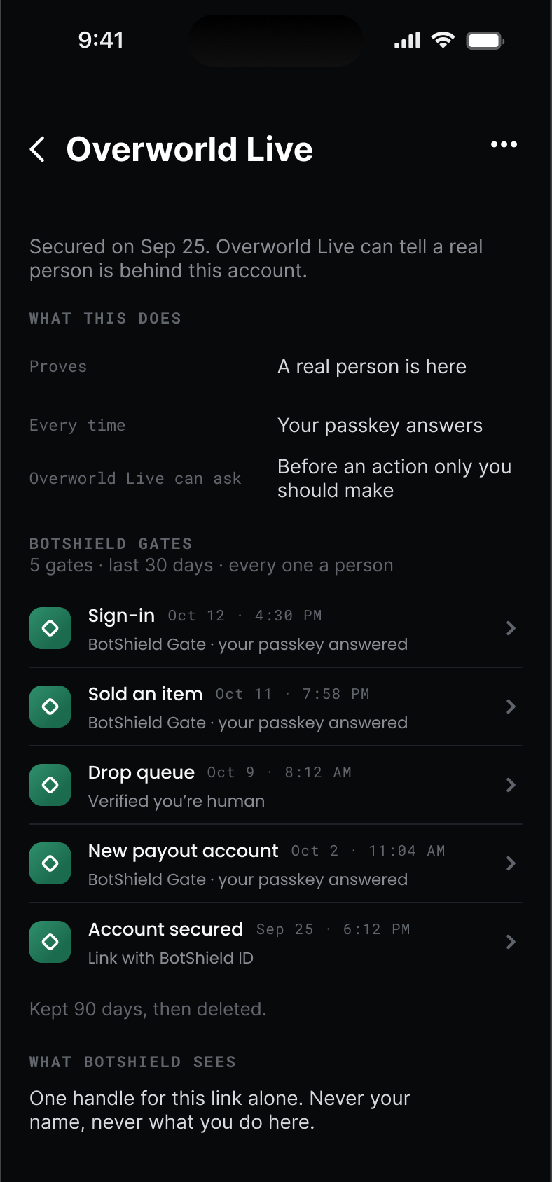 The BotShield app &mdash; one secured account, Overworld Live: every BotShield Gate you went through there, each one answered by your passkey