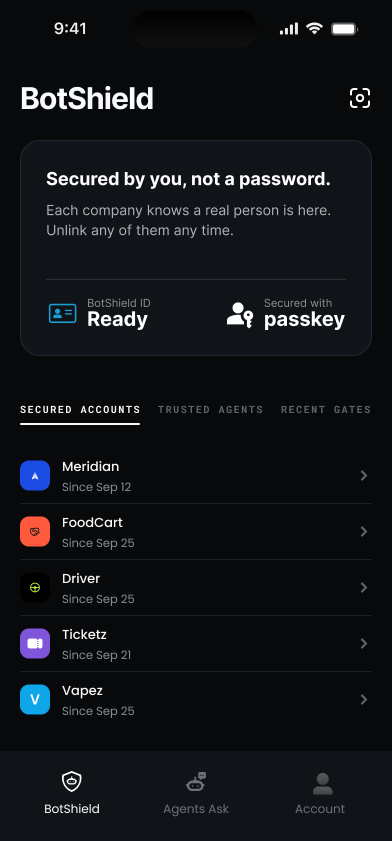 The BotShield app — Secured by you, not a password; the accounts you have secured