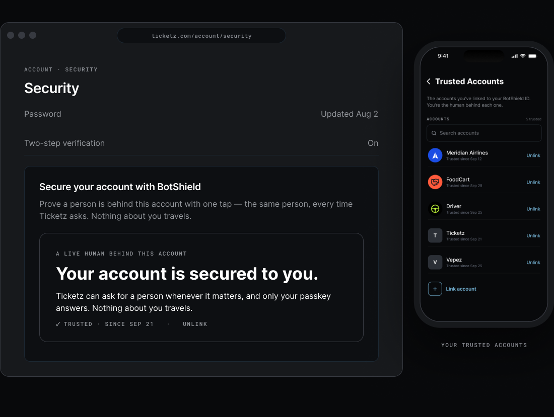 A site offering Secure your account with BotShield, and the same account listed in Trusted Accounts in the BotShield app