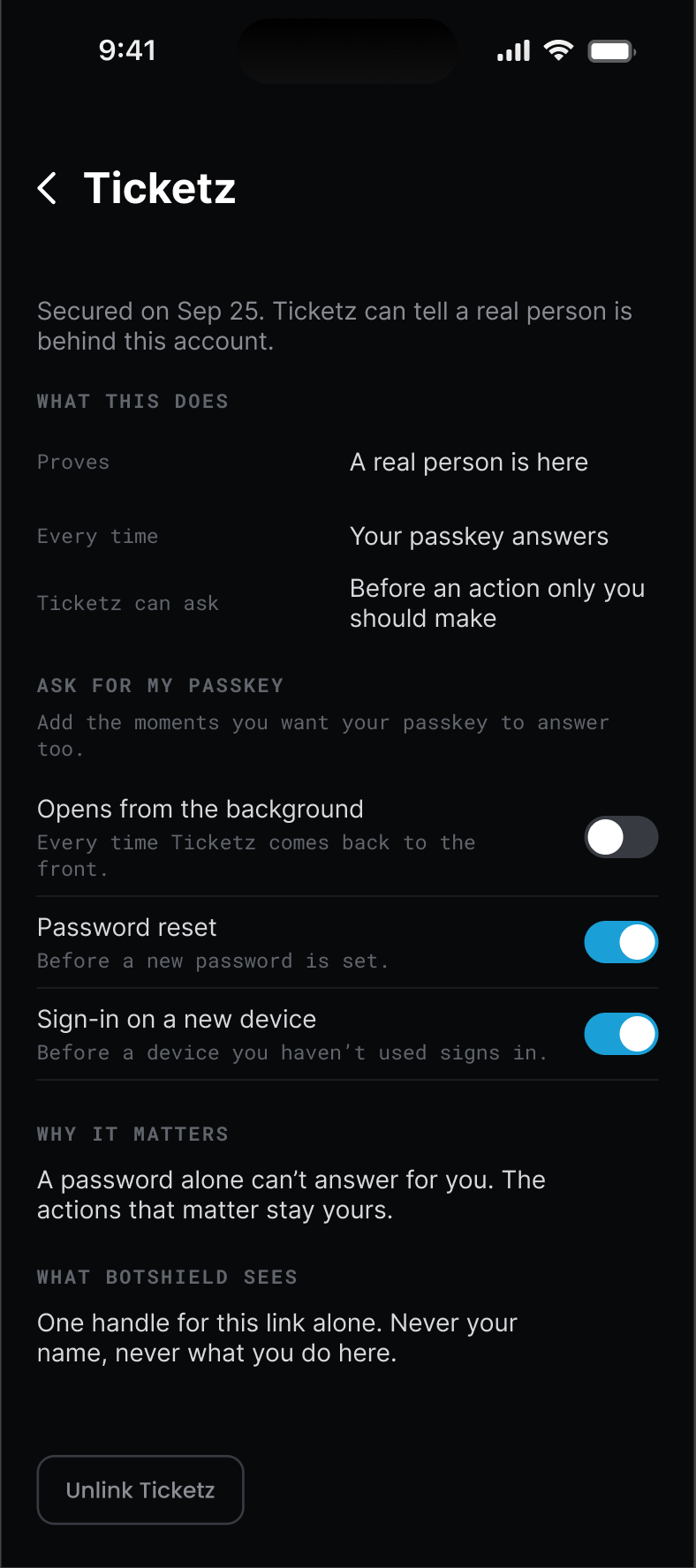 A secured account in the BotShield app, 4.0 — Ask for my passkey: opens from the background, password reset, sign-in on a new device