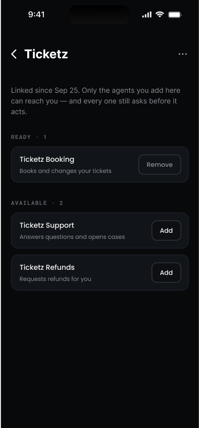 A linked company showing one agent ready with Remove, and two available to add