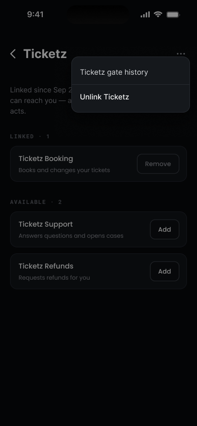 The company menu open, showing gate history and Unlink