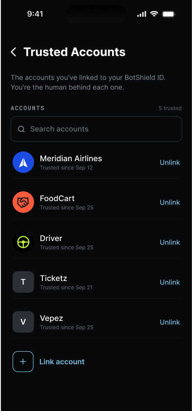 Trusted Accounts in the BotShield app — the accounts this person has linked to their BotShield ID, each with an Unlink control